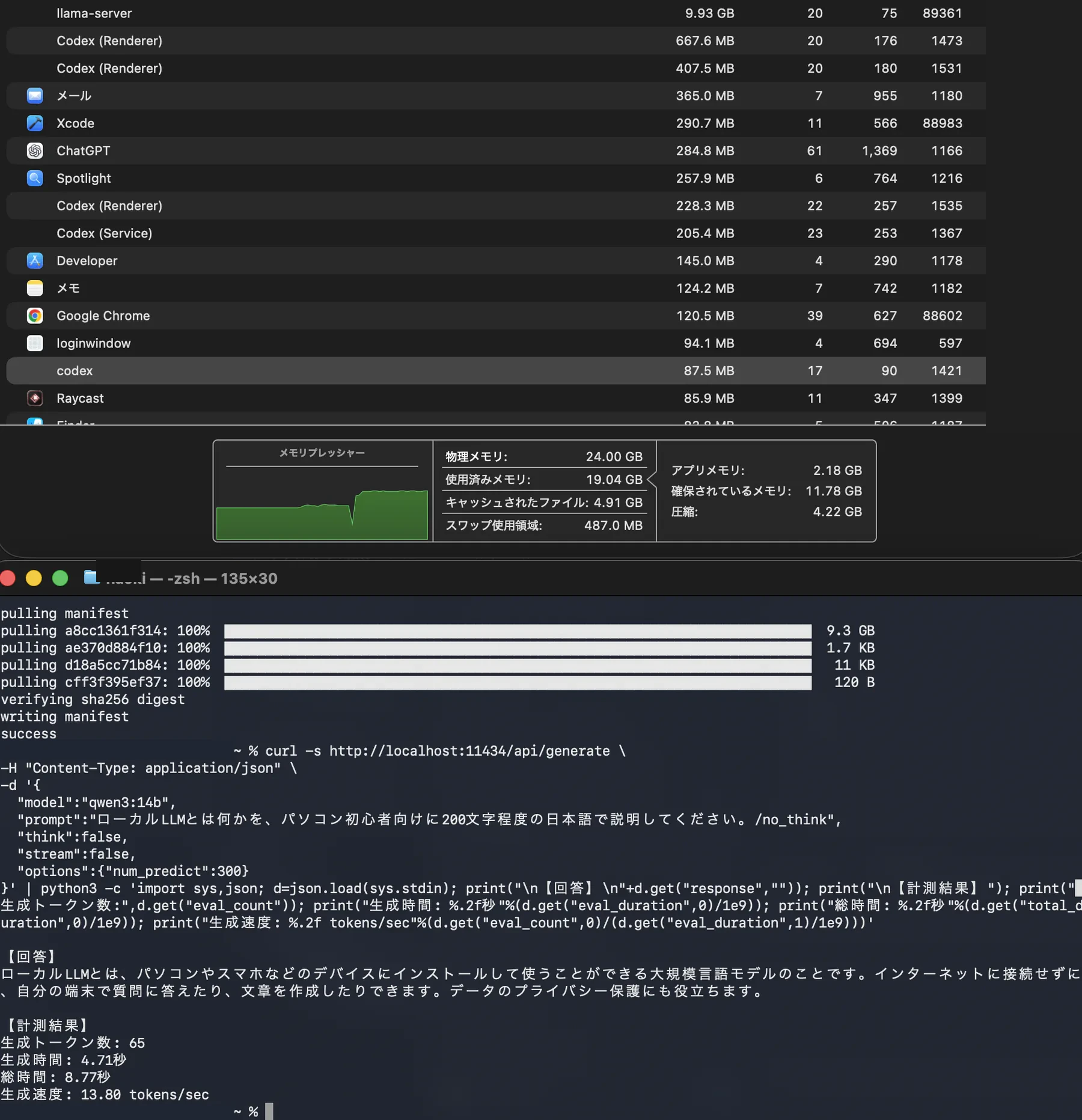 M5 MacBook Air 24GBでQwen3 14Bを実行した計測結果とActivity Monitorのメモリ使用状況